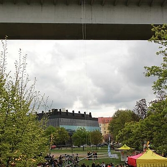 Nusle Bridge abseil on wheelchair 2015: